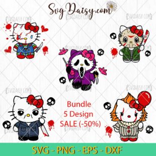 Hello Kitty Villains Horror Characters SVG Bundle, Hello Kitty Halloween SVG, Kawai Halloween SVG PNG DXF EPS